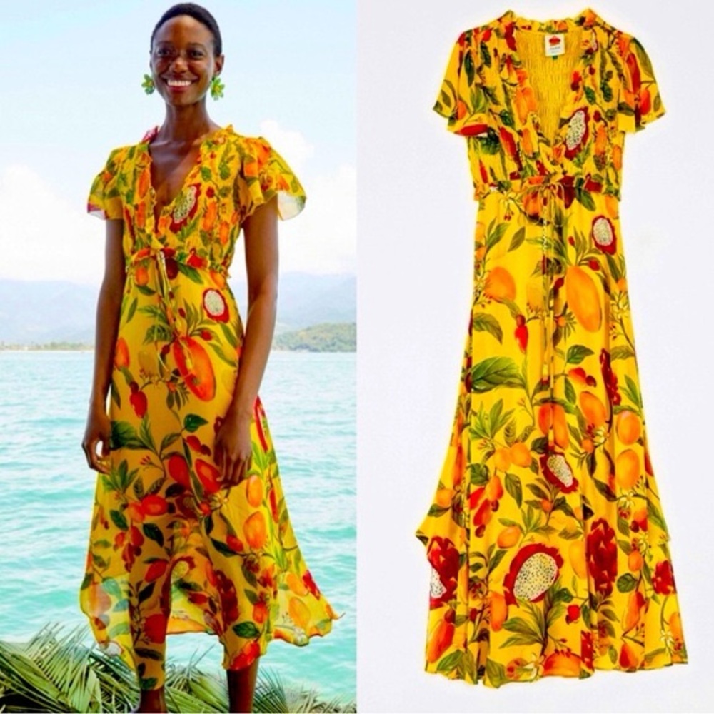 FARM Rio Fruit Lovers Yellow Tropical Print Dress